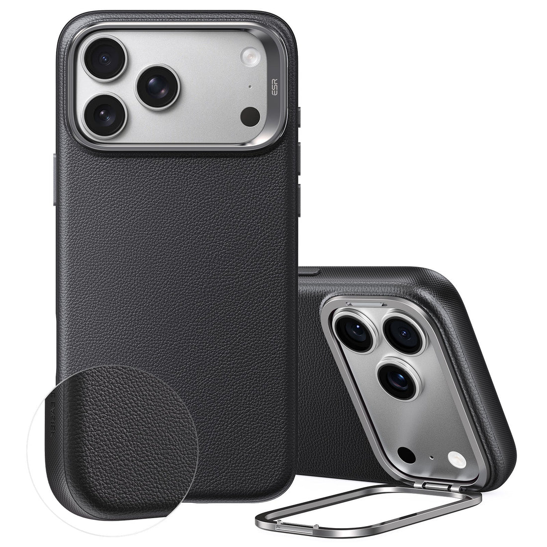 Black Vegan Leather iPhone 17 Pro Magsafe Case with Stand