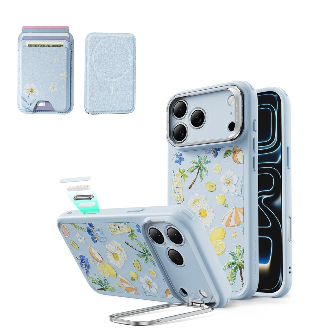 Blue Floral iPone 17 Pro Magsafe Case with Stand pair Slim MagSafe Wallet