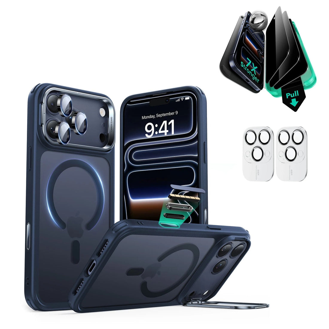 iPhone 17 Pro Classic Hybrid Magsafe Case with Stand and Privacy Screen Protector Bundle Frosted Blue