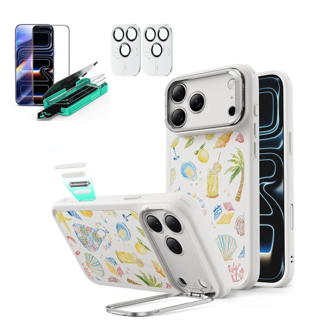 Withe Shell iPhone 17 Pro Magsafe Case with Stand pair  Armorite Tempered Glass Screen Protector