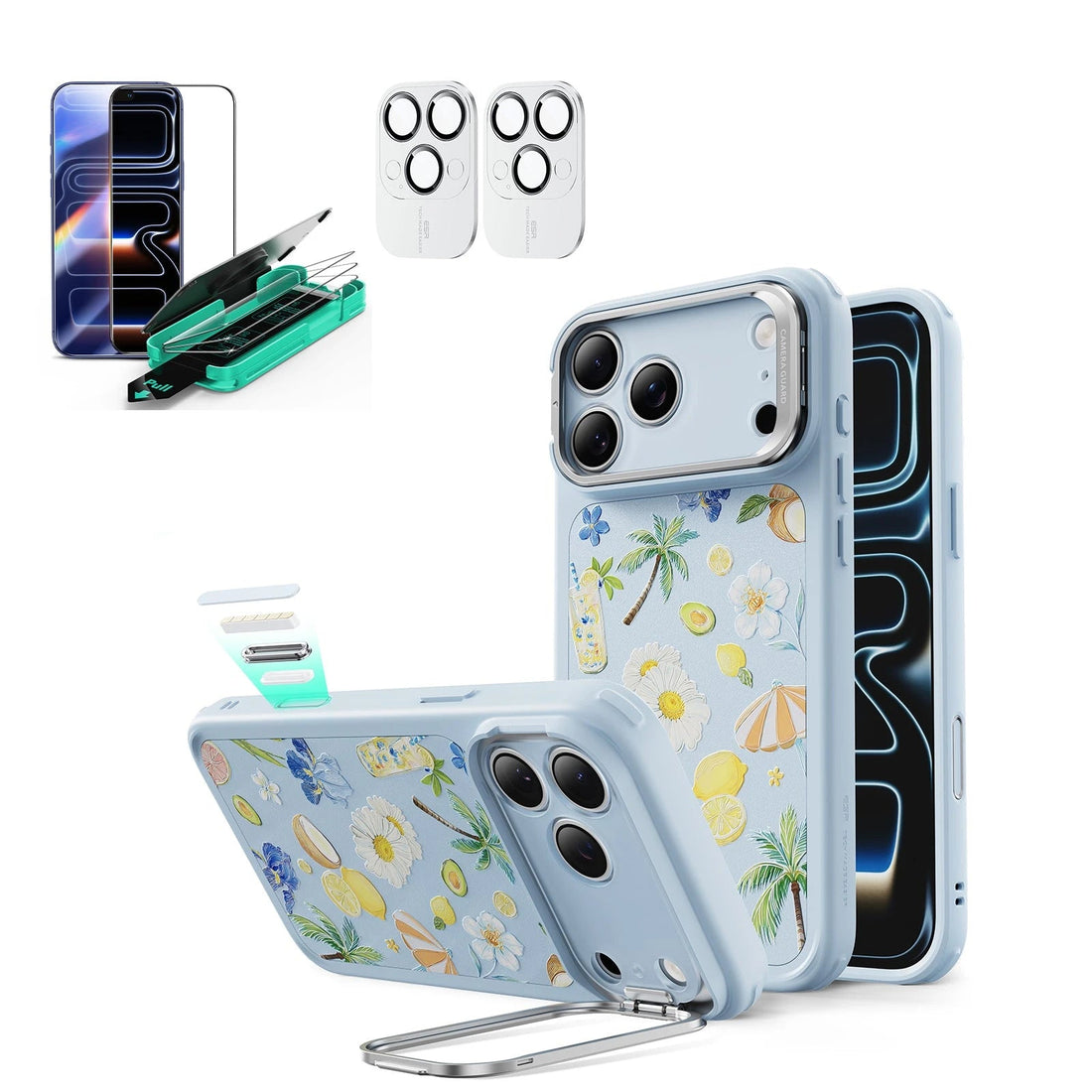 Blue Floral iPone 17 Pro Magsafe Case with Stand pair Armorite Tempered Glass Screen Protector
