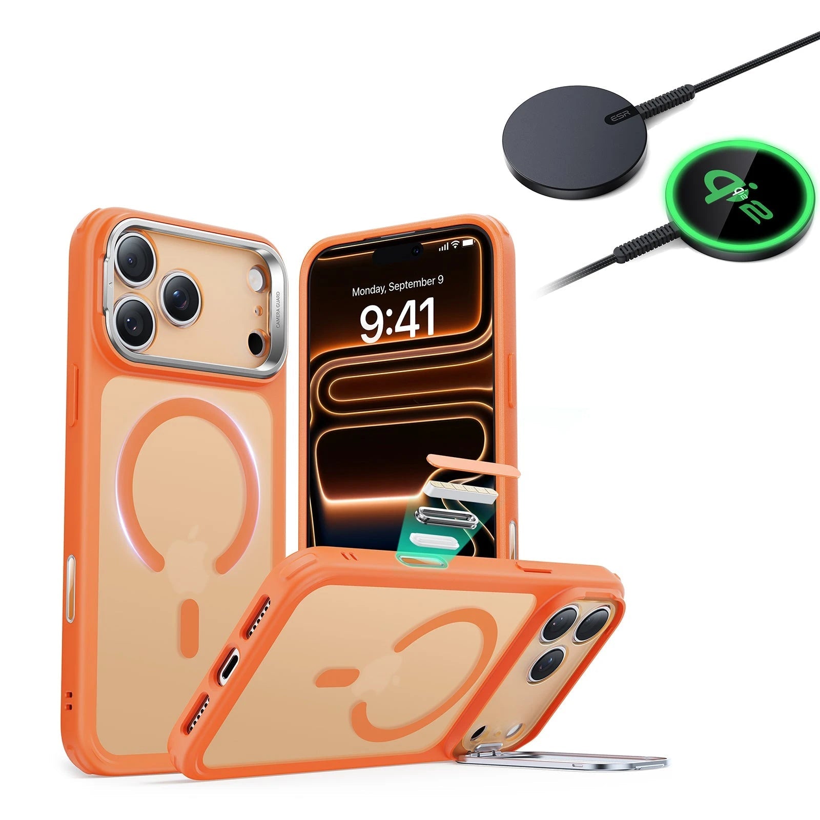 iPhone 17 Pro Classic Hybrid Magsafe Case With Stand  and Qi2 Wireless Charger Frosted Orange