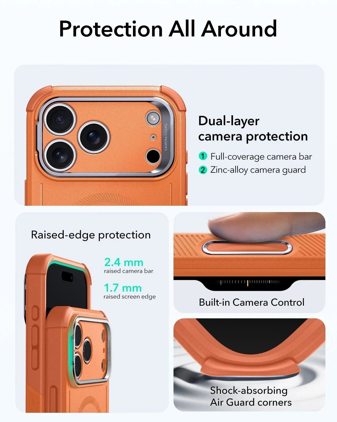 ESR iPhone 17 Pro Cyber Tough Magsafe Case with Stand and Camera Control Orange raised edge protection