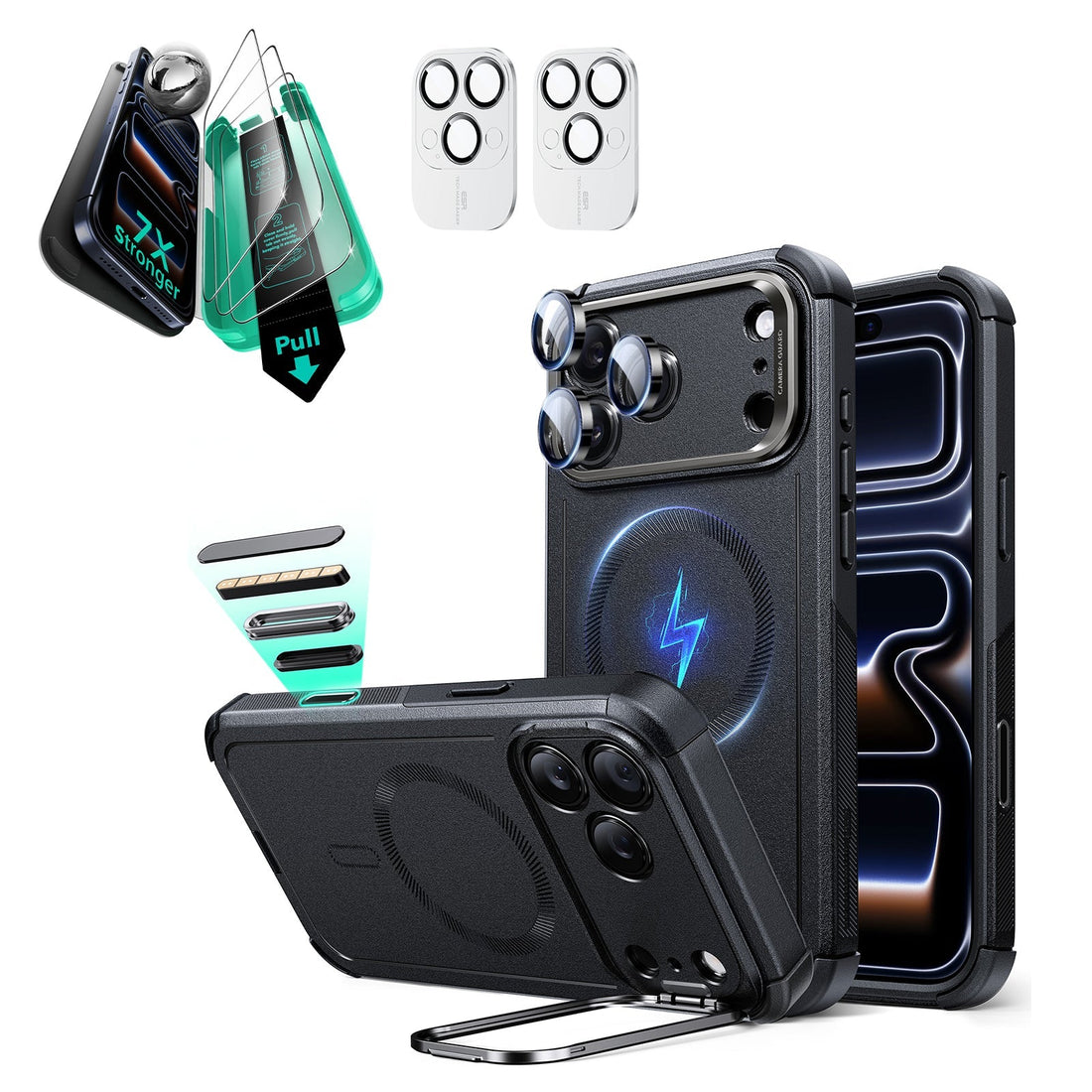 iPhone 17 Pro Cyber Tough Magsafe Case with Stand and Armorite Screen Protector Black