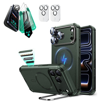 iPhone 17 Pro Cyber Tough Magsafe Case with Stand and Armorite Screen Protector Green