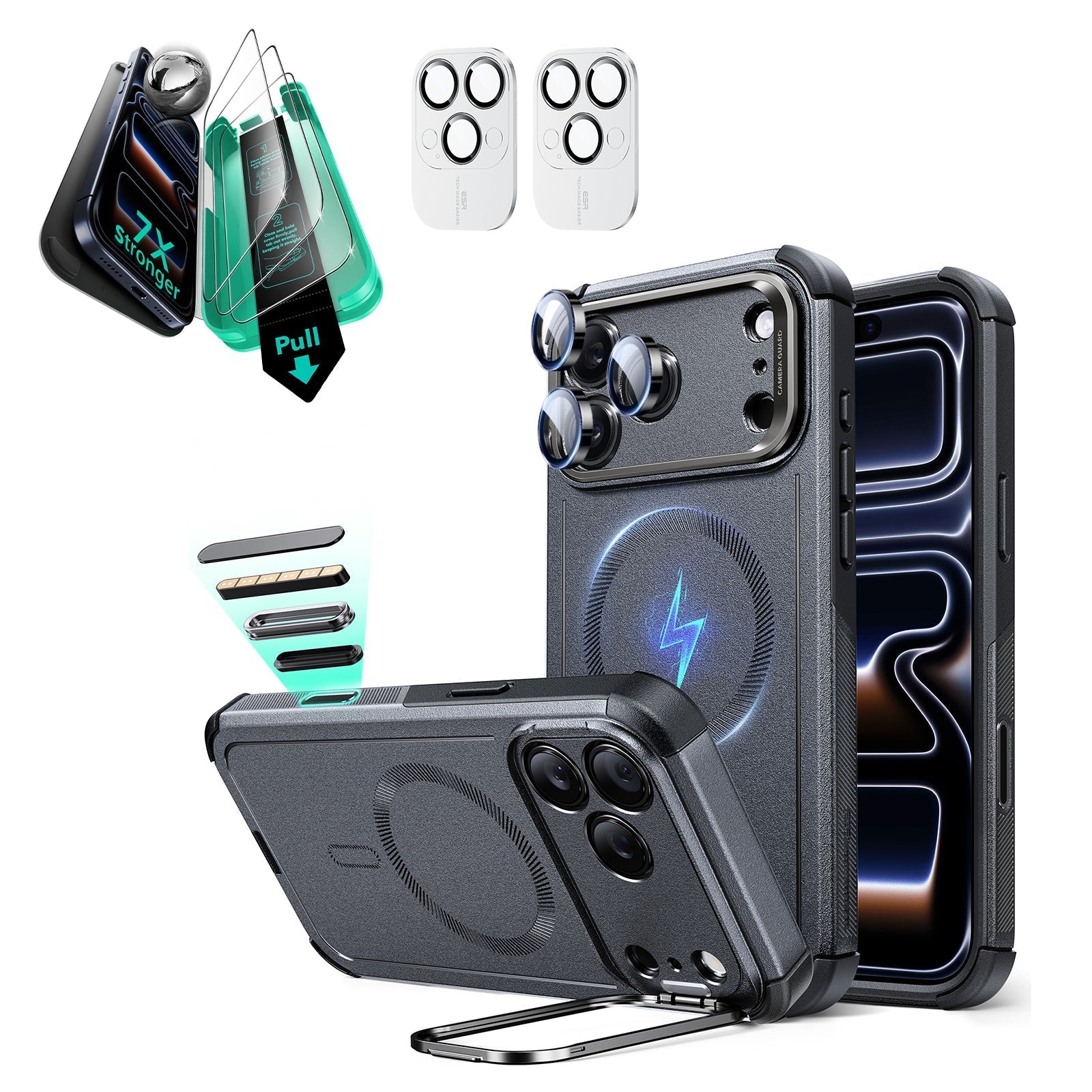 iPhone 17 Pro Cyber Tough Magsafe Case with Stand and Armorite Screen Protector Gray