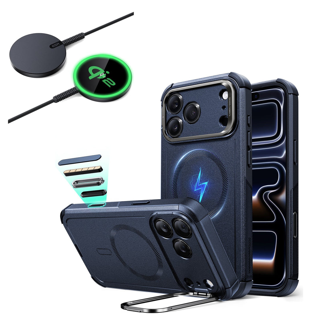 iPhone 17 Pro Cyber Tough Magsfae Case with Stand and Qi2 wireless Charger Blue