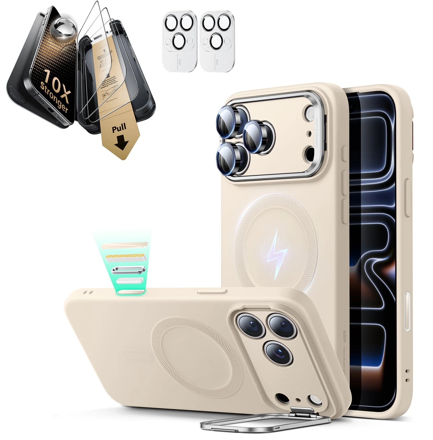 iPhone 17 Pro Max Silicone Magsafe Case with Stand & Corning Glass Screen Protector Bundle Light Tan