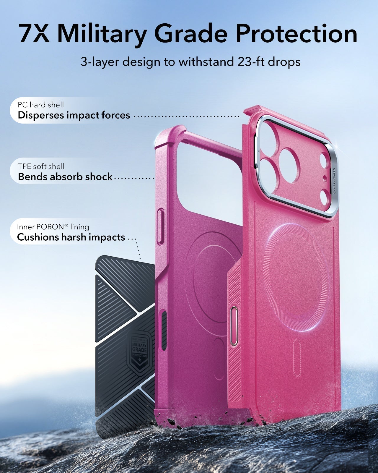ESR pink iPhone 17 Pro Max Cyber Tough 23-ft drop-proof Magsafe Case with Stand and Camera Control