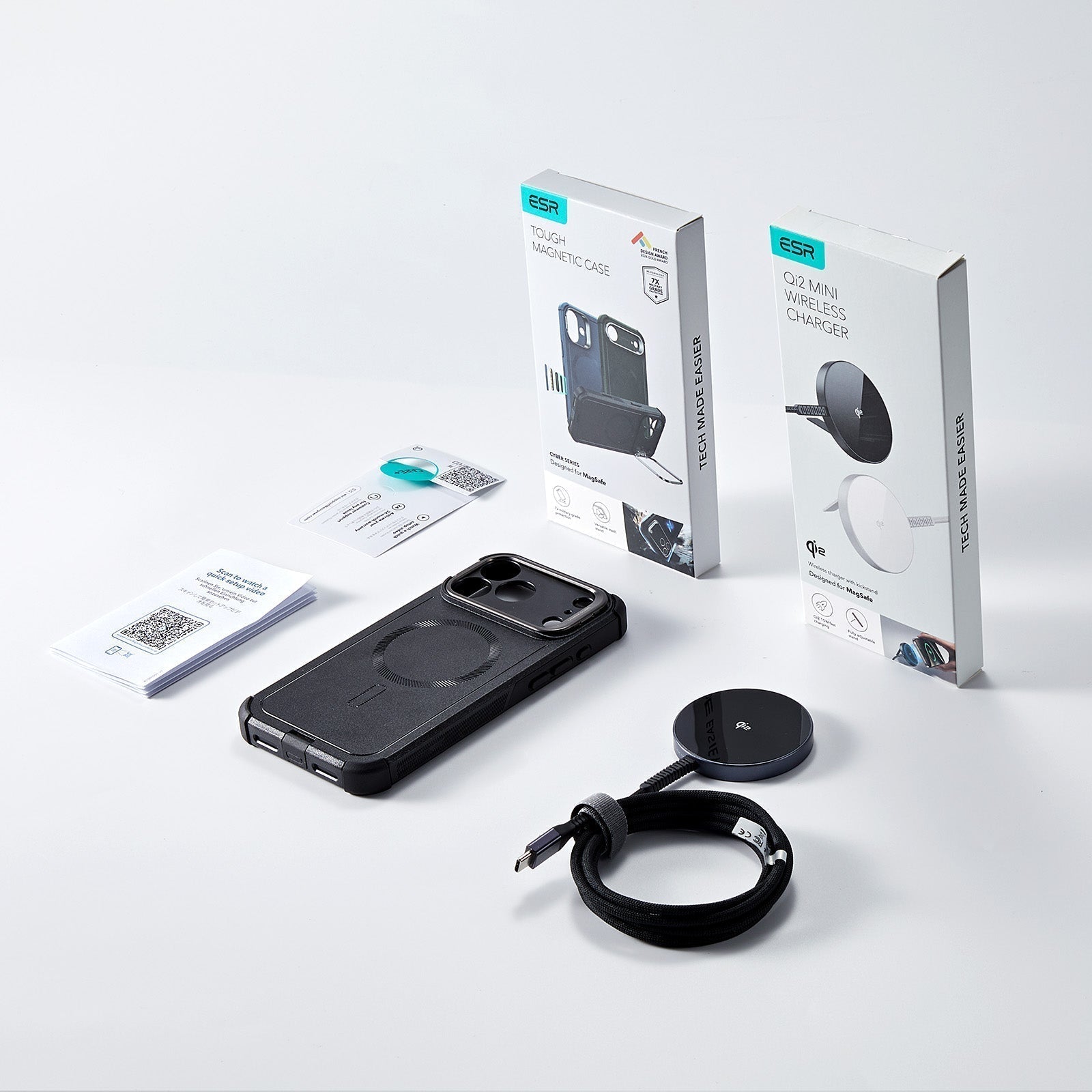 ESR iPhone 17 Cyber Tough Magsfae Case with Stand and Qi2 wireless Charger Pack