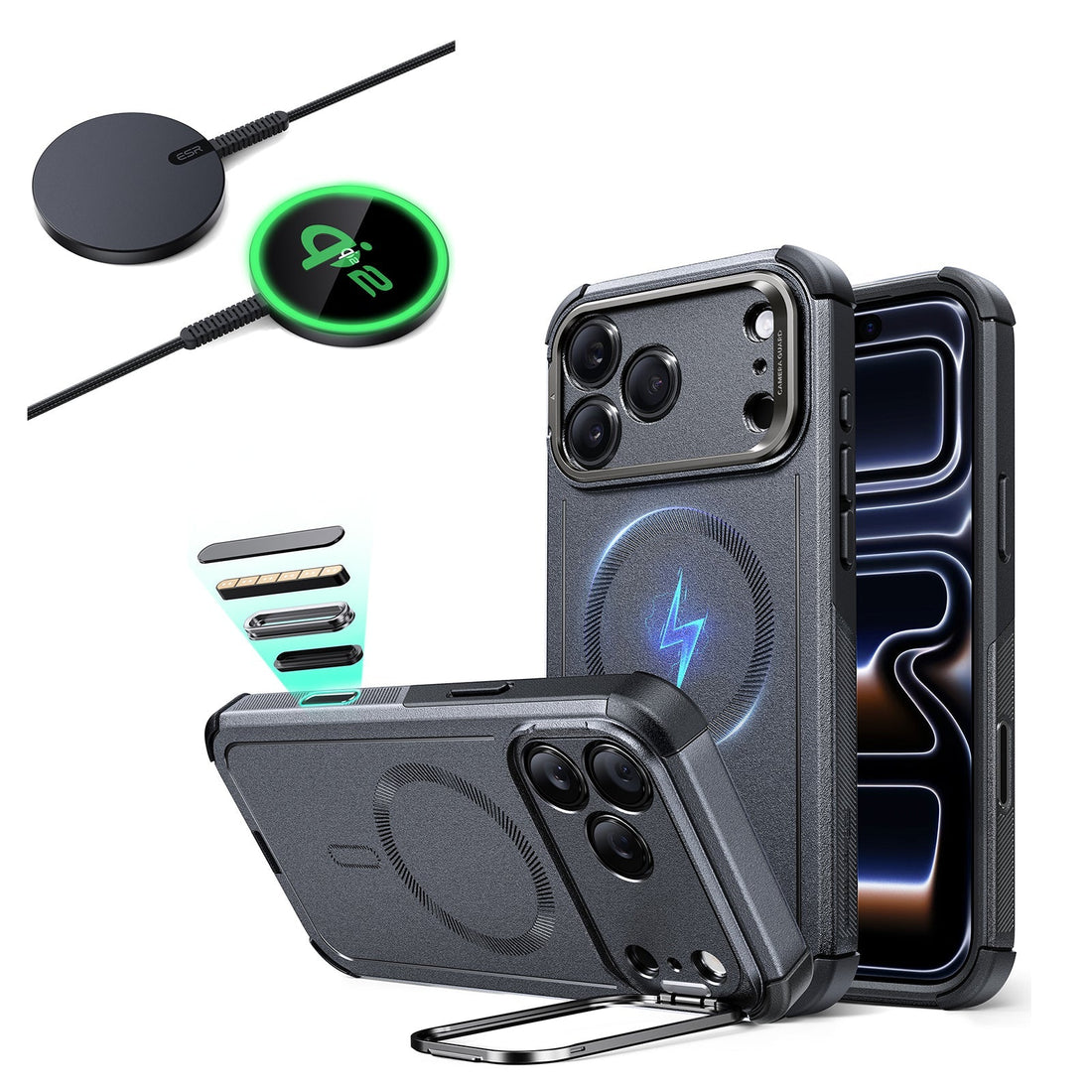 iPhone 17 Pro Max Cyber Tough Magsfae Case with Stand and Qi2 wireless Charger Gray