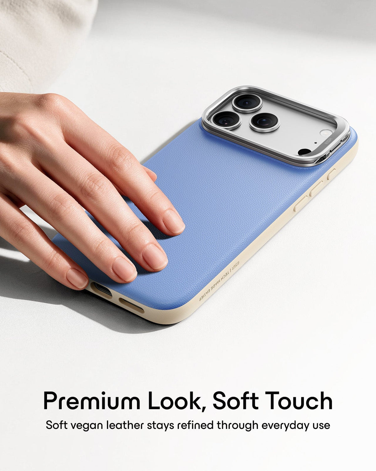 Misty Blue Vegan Leather iPhone 18 Pro Magsafe Case with Stand Premium Look, Soft Touch