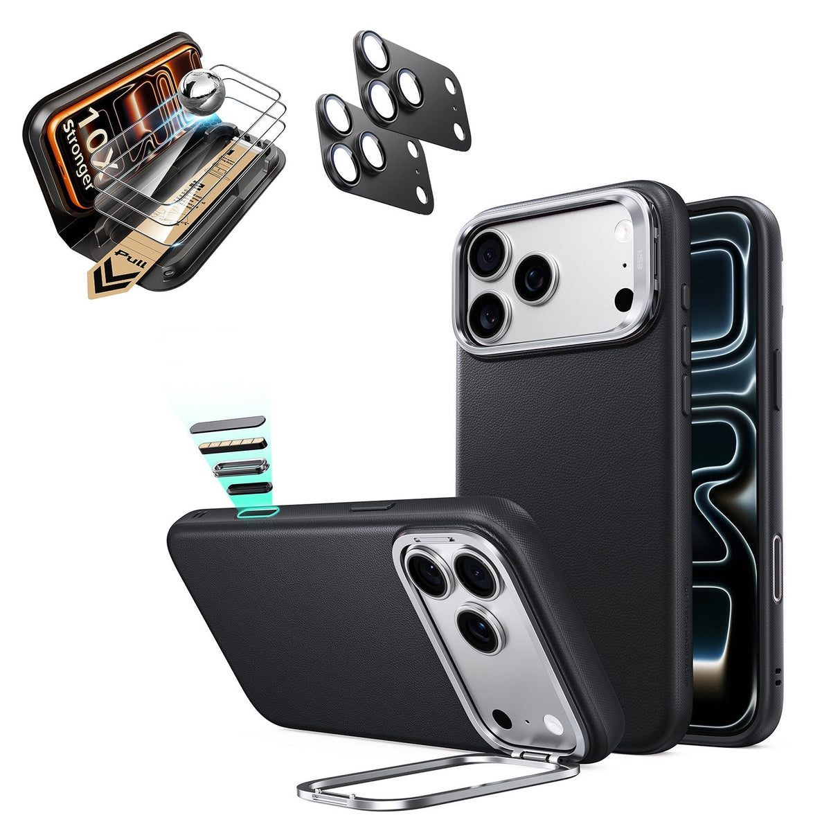 Black iPhone 18 Pro Magsafe Phone Case with Stand pair tempered glass screen protector and camera lens protector