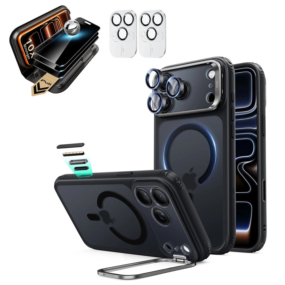 Frosted Black iPhone 18 Pro Magsafe Slim Phone Case with Stand pair corning privacy glass privacy screen protector and camera lens protector