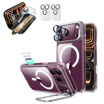 Clear iPhone 18 Pro Magsafe Slim Phone Case with Stand pair corning glass screen protector and camera lens protector