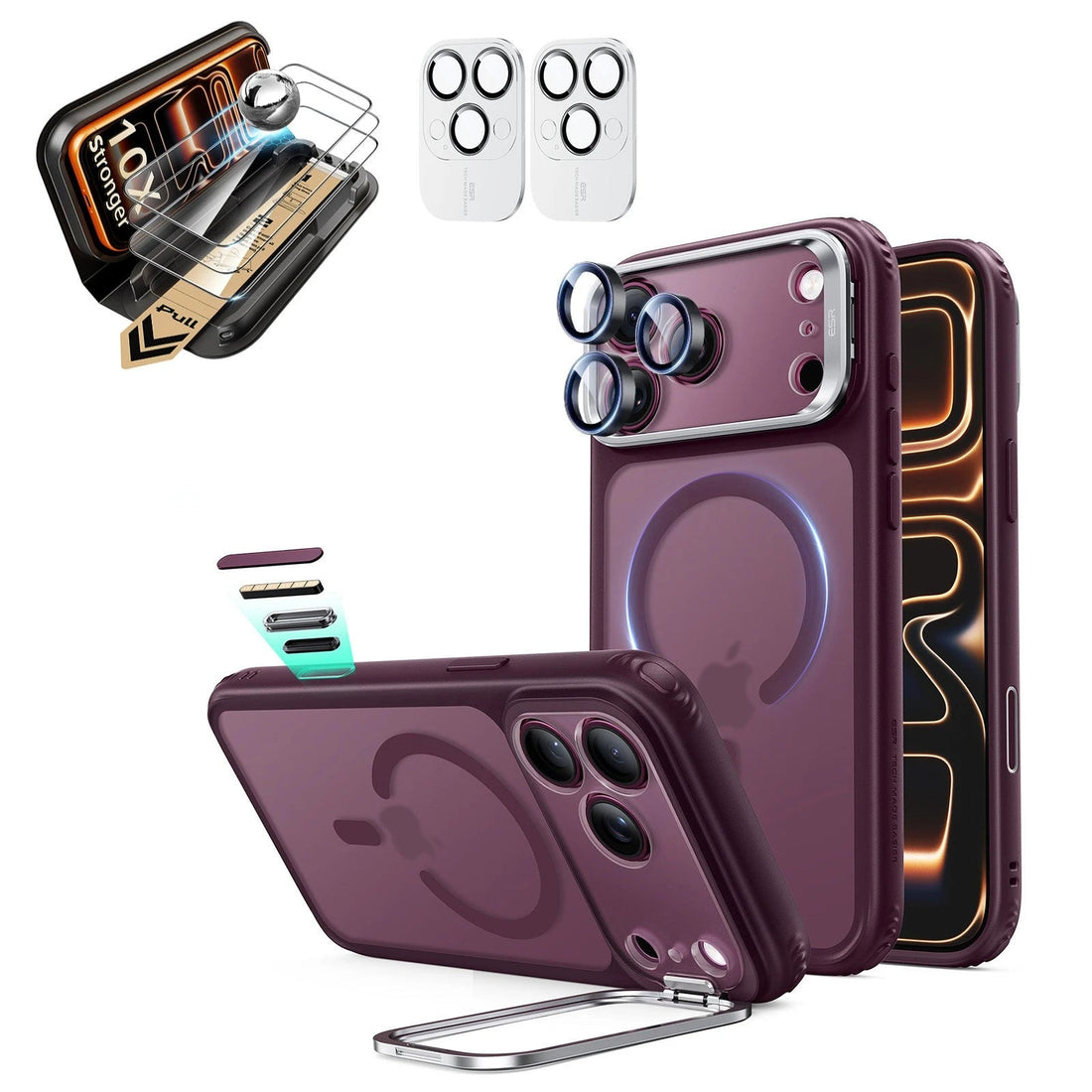 Frosted Burgundy iPhone 18 Pro Magsafe Slim Phone Case with Stand pair corning glass screen protector and camera lens protector