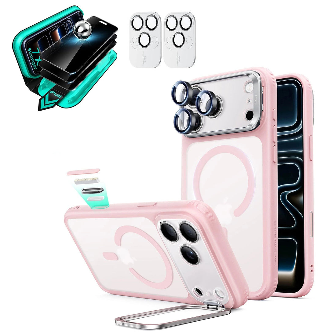 Frosted Pink iPhone 18 Pro Magsafe Slim Phone Case with Stand pair tempered glass privacy screen protector and camera lens protector