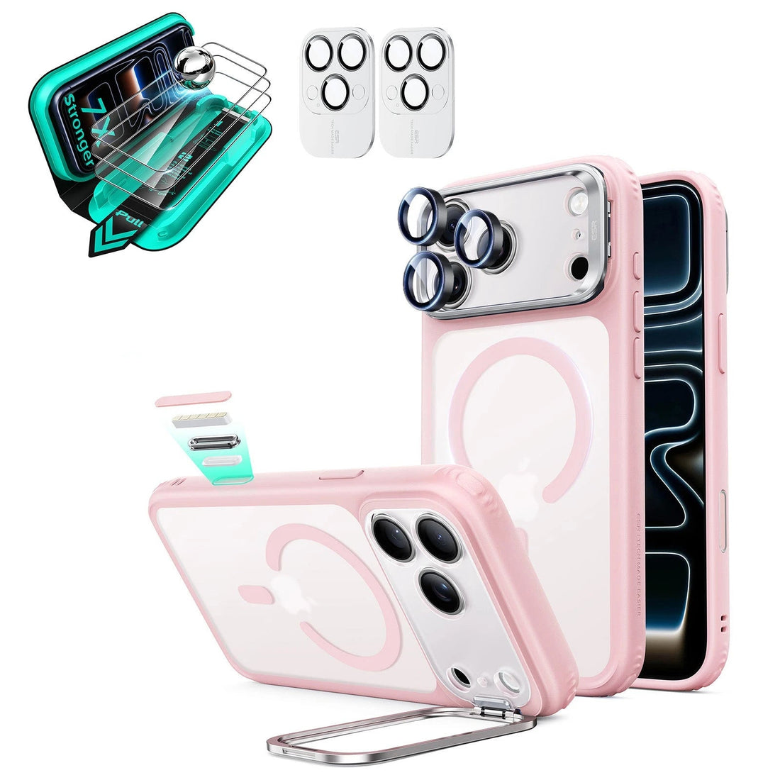 Frosted Pink Phone 18 Pro Magsafe Slim Phone Case with Stand pair tempered glass screen protector and camera lens protector