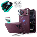 Burgundy iPhone 18 Pro Cyebr Tough Magsafe Phone Case with Stand pair tempered glass privacy screen protector and camera lens protector