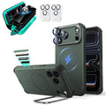 Green iPhone 18 Pro Cyebr Tough Magsafe Phone Case with Stand pair tempered glass privacy screen protector and camera lens protector