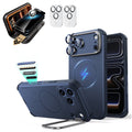 Blue iPhone 18 Pro Cyebr Tough Magsafe Phone Case with Stand pair corning glass privacy screen protector and camera lens protector