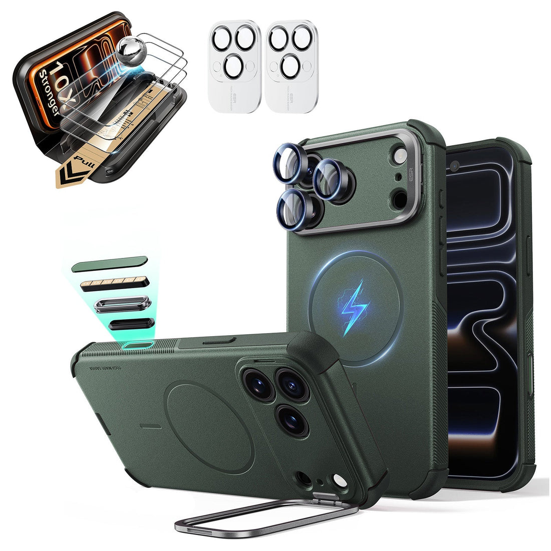 Green iPhone 18 Pro Cyebr Tough Magsafe Phone Case with Stand pair corning glass  screen protector and camera lens protector