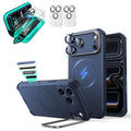 Blue iPhone 18 Pro Cyebr Tough Magsafe Phone Case with Stand pair tempered glass screen protector and camera lens protector