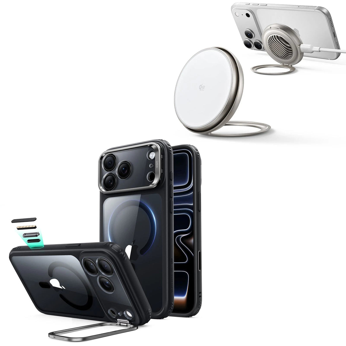 iPhone 18 Pro Classic Hybrid Magnetic Case with Camera Control and Flex Stand, Plus Cyclone 25W Magnetic Charging Pad Bundle - Clear Black