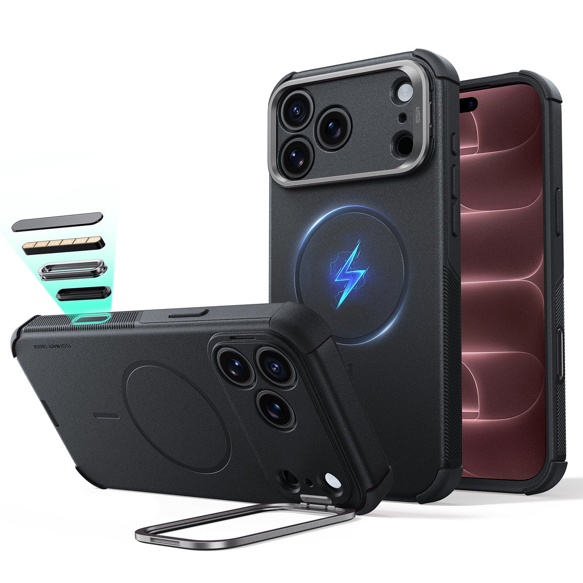 Black iPhone 18 Pro Tough Phone Case Magsafe with Stand