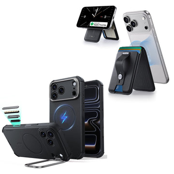 iPhone 18 Pro Cyber Tough Magnetic Case with Camera Control and Flex Stand, Plus Geo Wallet Stand Bundle - Black