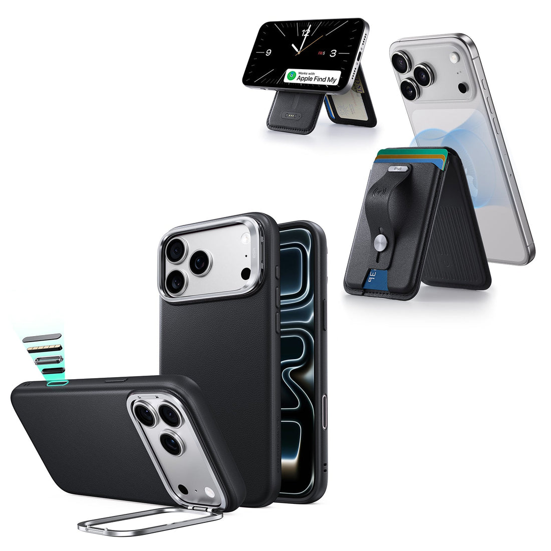 iPhone 18 Pro Max Atelier Vegan Leather Magnetic Case with Camera Control and Flex Stand, Plus Geo Wallet Stand Bundle - Black
