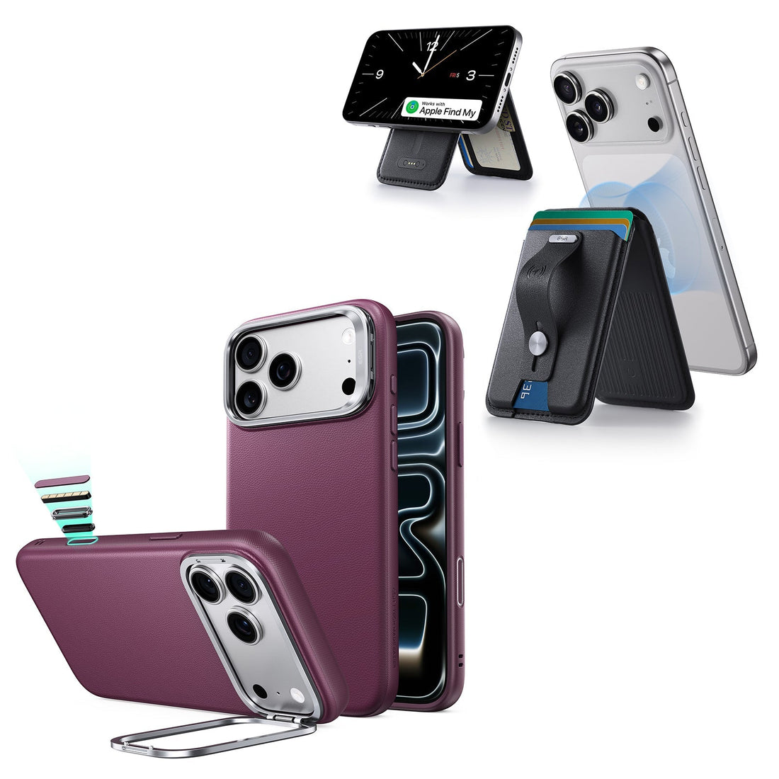 iPhone 18 Pro Max Atelier Vegan Leather Magnetic Case with Camera Control and Flex Stand, Plus Geo Wallet Stand Bundle - Burgundy