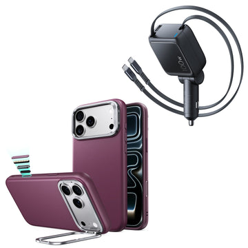 iPhone 18 Pro Max Atelier Vegan Leather Magnetic Case with Camera Control and Flex Stand, Plus Xtend 100W Retractable Car Charger Bundle - Deep Burgundy