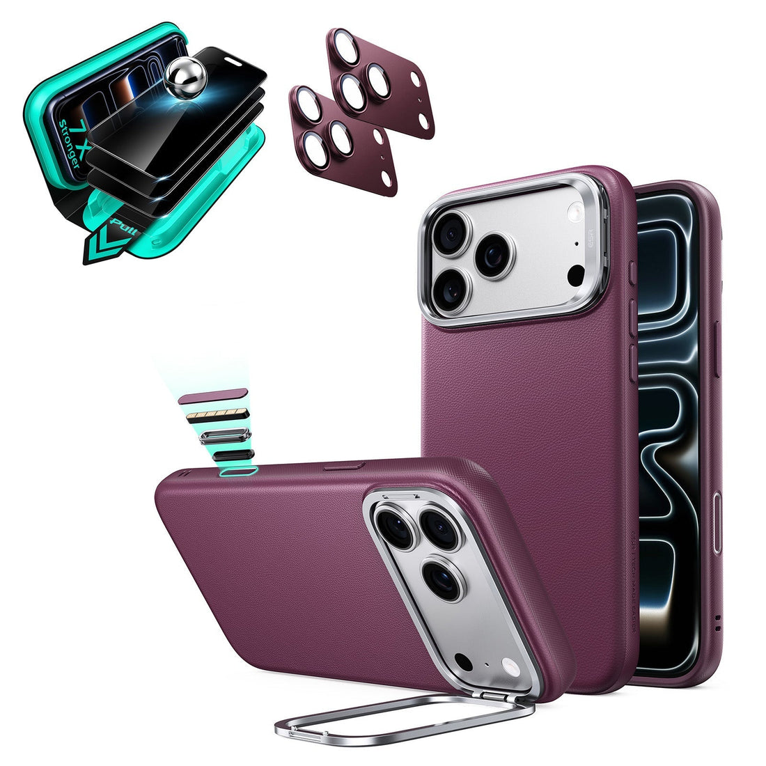Burgundy Vegan Leather iPhone 18 Pro Max Magsafe Phone Case with Stand pair tempered glass privacy screen protector and camera lens protector