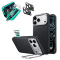 Black Vegan Leather iPhone 18 Pro Max Magsafe Phone Case with Stand pair tempered glass screen protector and camera lens protector