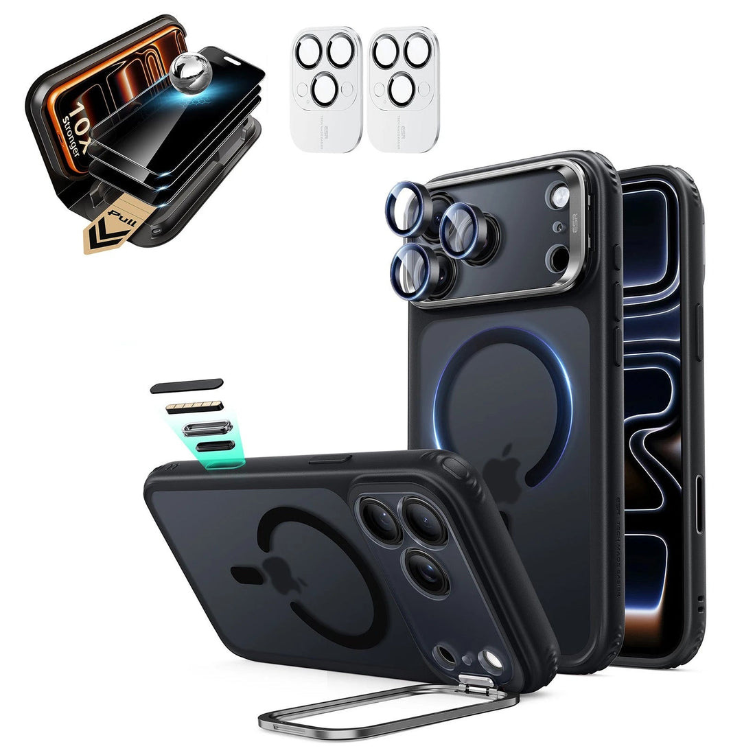 Frosted Black iPhone 18 Pro Max Magsafe Slim Phone Case with Stand pair corning privacy glass privacy screen protector and camera lens protector