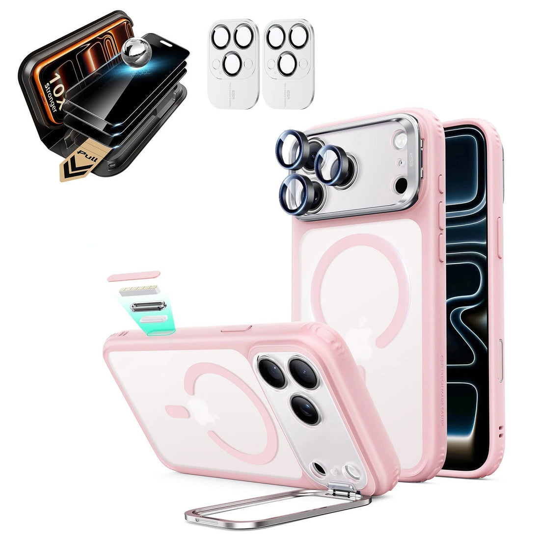Frosted Bubblegum Pink iPhone 18 Pro Max Magsafe Slim Phone Case with Stand pair corning privacy glass privacy screen protector and camera lens protector