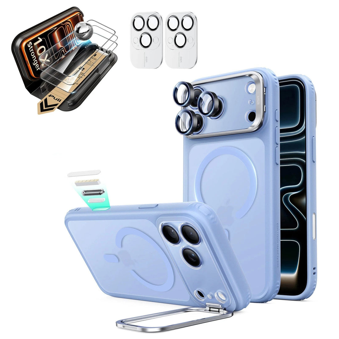 Frosted MIsty Blue iPhone 18 Pro Max Magsafe Slim Phone Case with Stand pair corning glass screen protector and camera lens protector