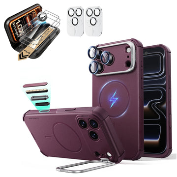 Burgundy iPhone 18 Pro Max Cyebr Tough Magsafe Phone Case with Stand pair corning glass  screen protector and camera lens protector