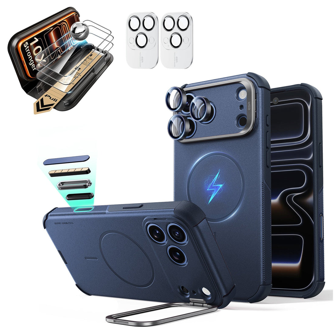 Blue iPhone 18 Pro Max Cyebr Tough Magsafe Phone Case with Stand pair corning glass  screen protector and camera lens protector