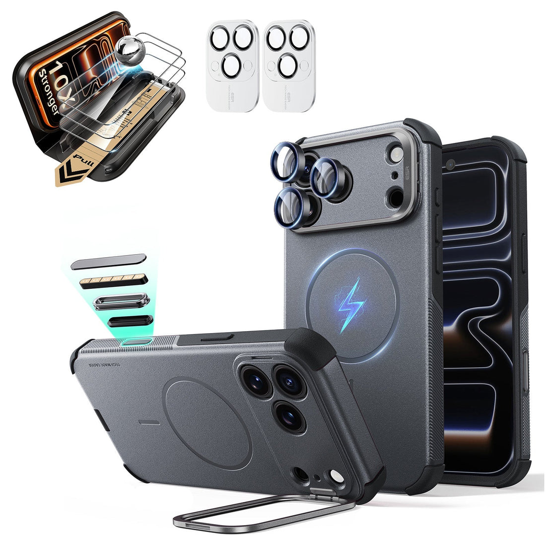 Gray iPhone 18 Pro Max Cyebr Tough Magsafe Phone Case with Stand pair corning glass  screen protector and camera lens protector