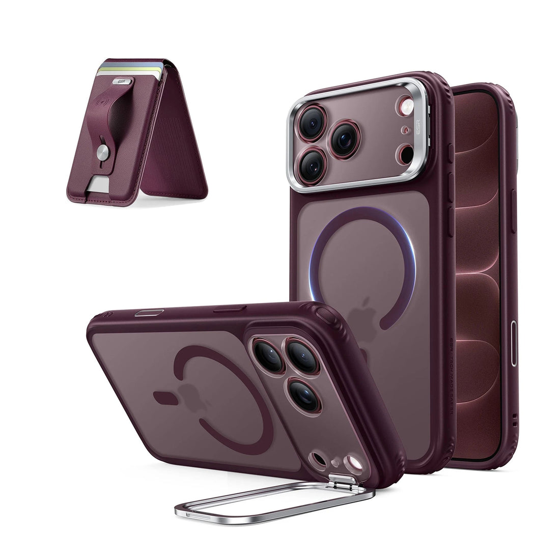 iPhone 18 Pro Max Classic Hybrid Magnetic Case with Camera Control and Flex Stand, Plus Geo Wallet Stand Bundle - Frosted Deep Burgundy