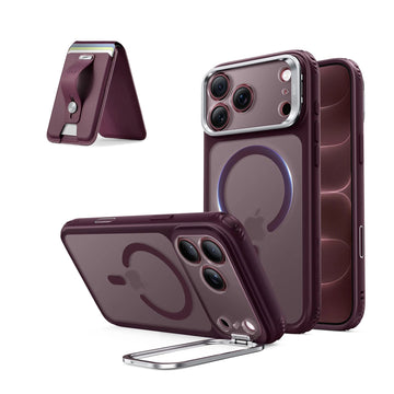 iPhone 18 Pro Max Classic Hybrid Magnetic Case with Camera Control and Flex Stand, Plus Geo Wallet Stand Bundle - Frosted Deep Burgundy