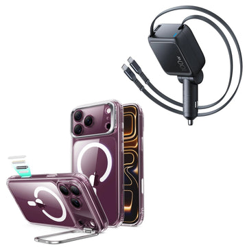 iPhone 18 Pro Max Classic Hybrid Magnetic Case with Camera Control and Flex Stand, Plus Xtend 100W Retractable Car Charger Bundle - Clear