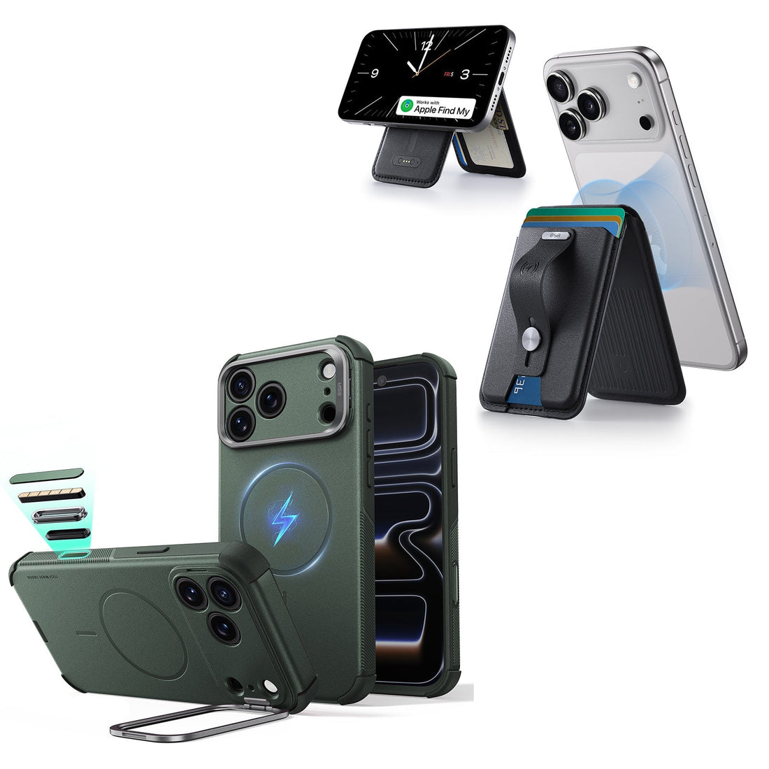 iPhone 18 Pro Max Cyber Tough Magnetic Case with Camera Control and Flex Stand, Plus Geo Wallet Stand Bundle - Olive Green