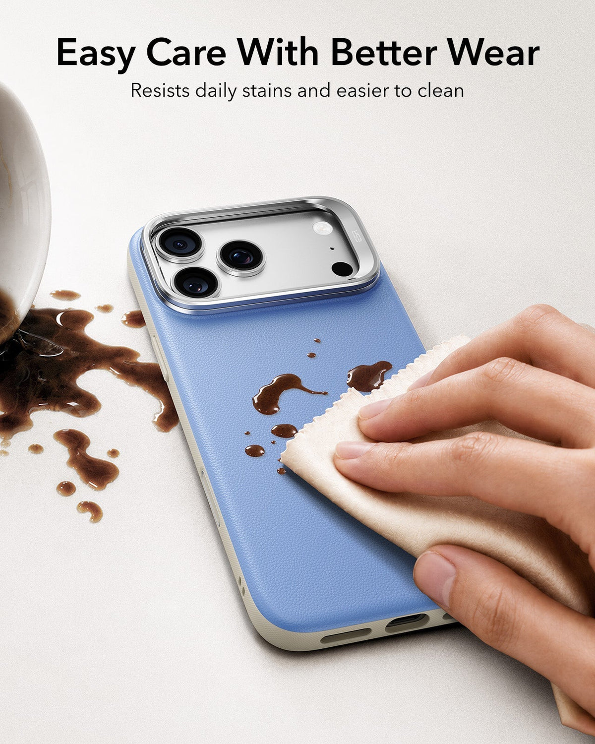 ESR Misty Blue Leather iPhone 18 Pro Magsafe Case with Stand Easy Care With Better Wear