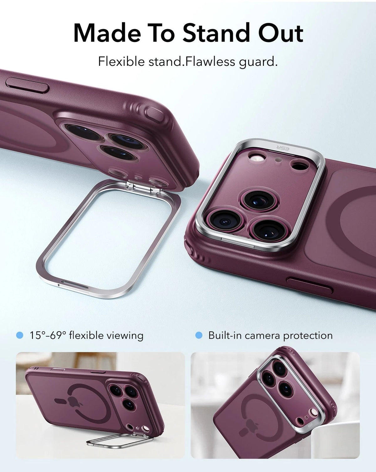 ESR Frosted Deep Burgundy Blue iPhone 18 Pro Magsafe Slim Phone Case with Stand Made To Stand Out