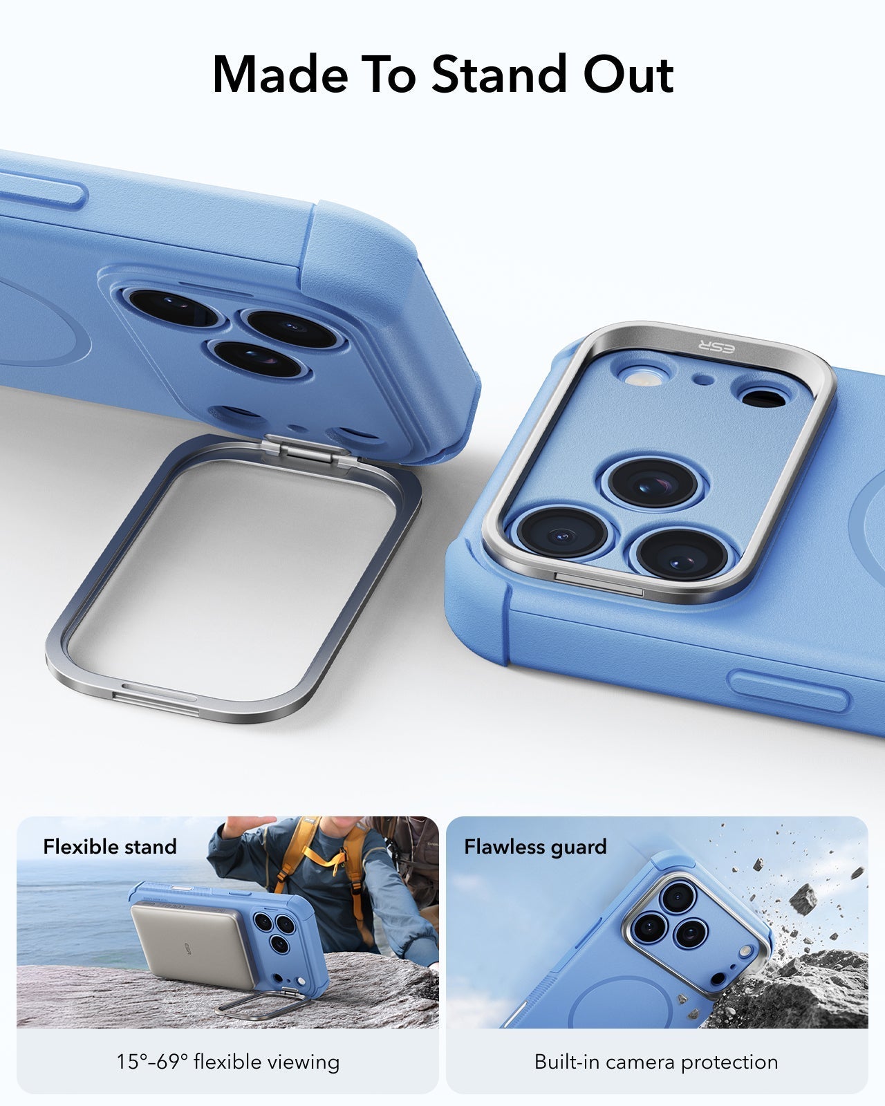 ESR Misty Blue iPhone 18 Pro Tough Phone Case Magsafe with Stand Made To Stand Out