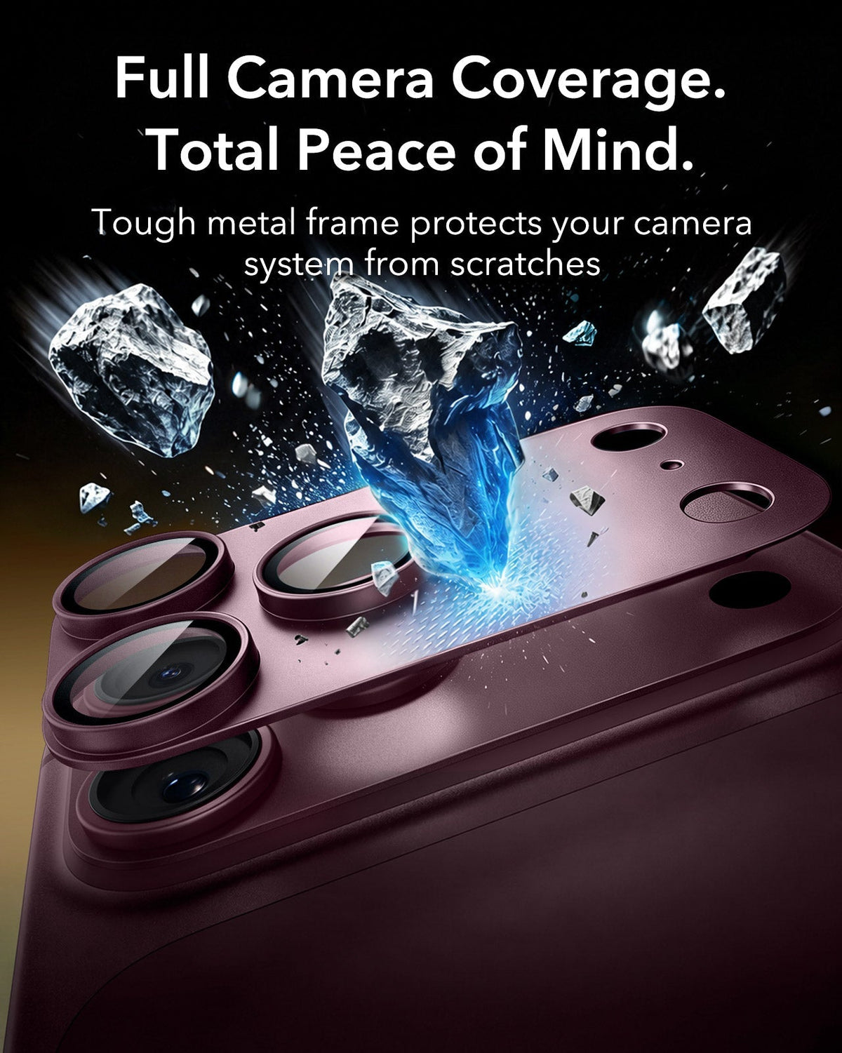ESR Deep Burgundy iPhone 18 Pro Max Corning Glass Camera Lens Protector Tough metal frame protects your camera system from scratches