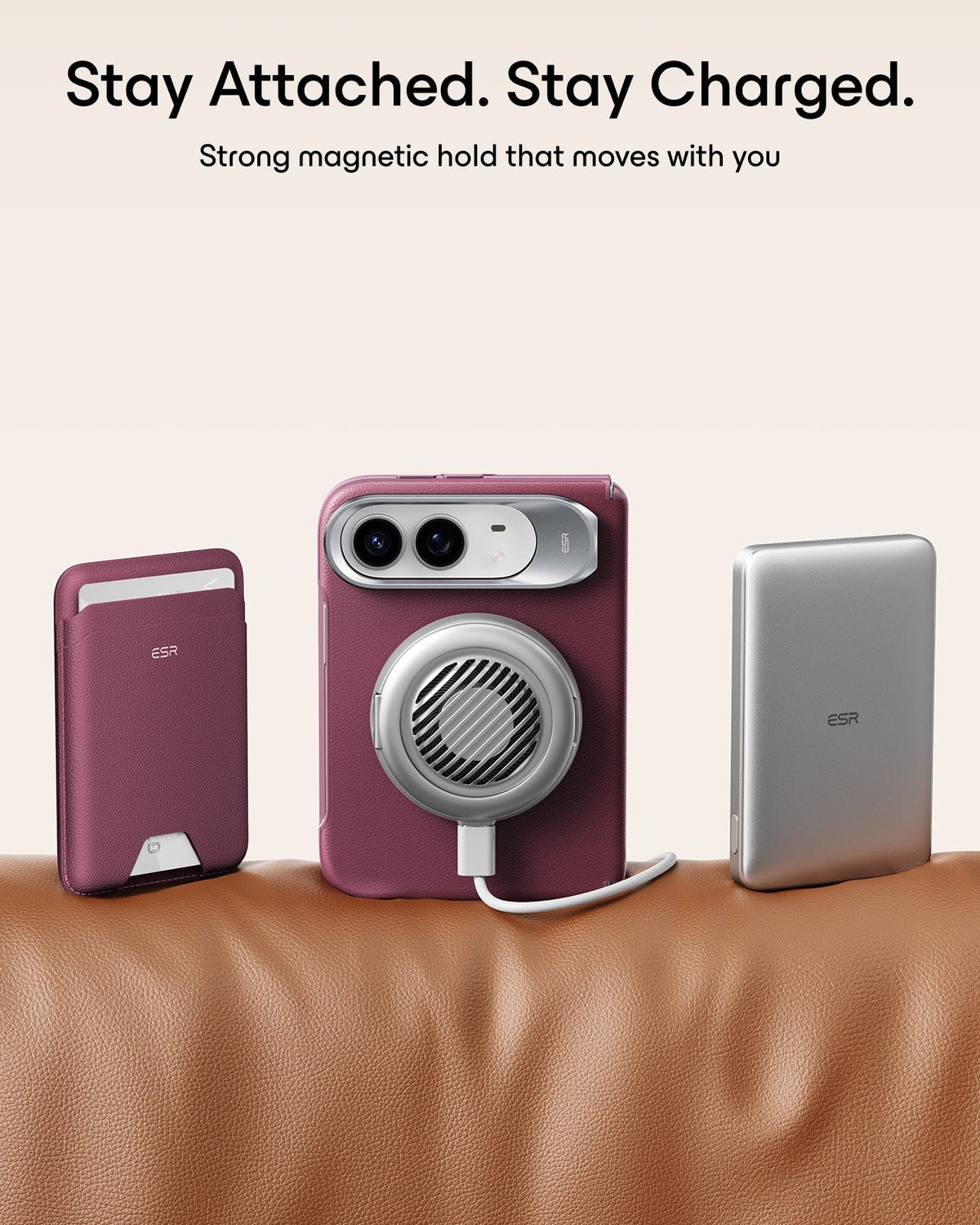 Deep Burgundy Vegan Leather iPhone Duo Magsafe Case with Stand Stay Attached. Stay Charged.